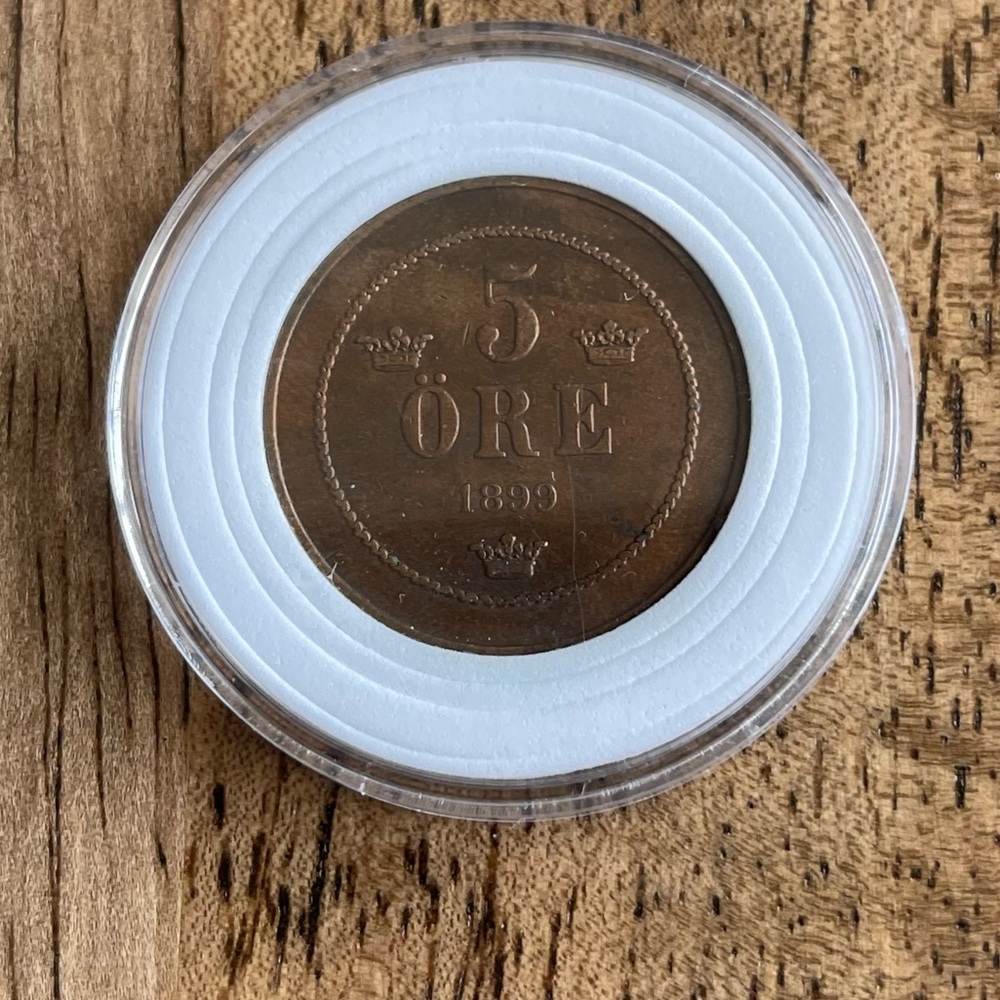1899 Sweden 5 Ore Oscar II Coin, Circulated Chocolate Brown Bronze